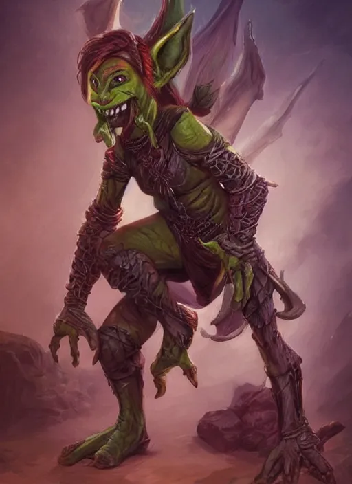 Image similar to female goblin, ultra detailed fantasy, dndbeyond, bright, colourful, realistic, dnd character portrait, full body, pathfinder, pinterest, art by ralph horsley, dnd, rpg, lotr game design fanart by concept art, behance hd, artstation, deviantart, hdr render in unreal engine 5