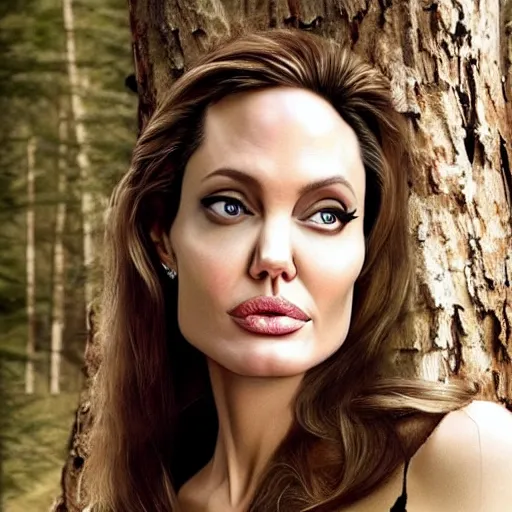 Image similar to angelina jolie as a a beautiful wood cabin in the forest