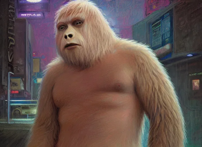 Image similar to albino sasquatch exterior parking lot, cyberpunk neon, in the style of jeremy enecio, intricate, miles johnston, monet, cynical realism, john william godward, painterly, yoshitaka amano, miles johnston, louise zhang, pekka halonen, finnish naturalism, realism