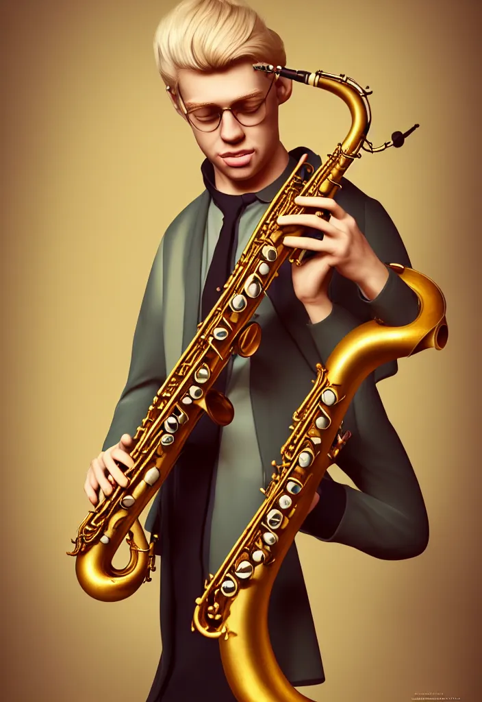 Image similar to a highly detailed portrait of a blond man with nice cloths playing the sax, on a nice calm serene environment, artstation, DeviantArt, professional, octane render