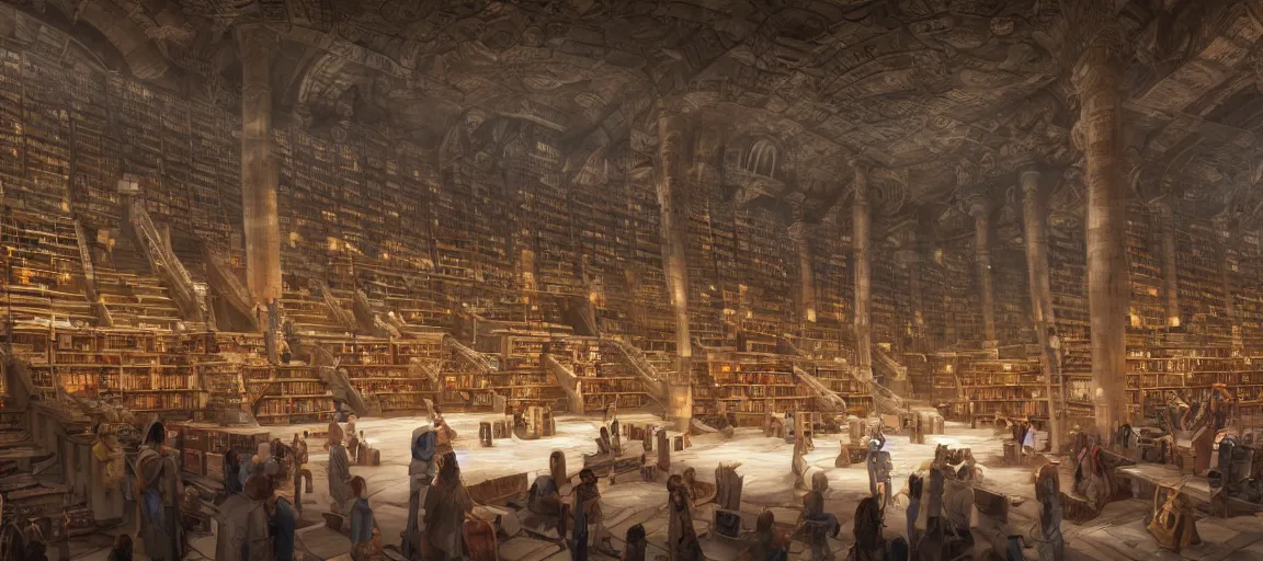 Prompt: hyper realistic detailed matte painting of interior of legendary library of alexandria, hyperdetailed, no people, ultra hd, stanley artgerm lau, wlop, rossdraws, james jean marc simonetti ruan jia and artgerm and william, yuru camp, digital art, concept art