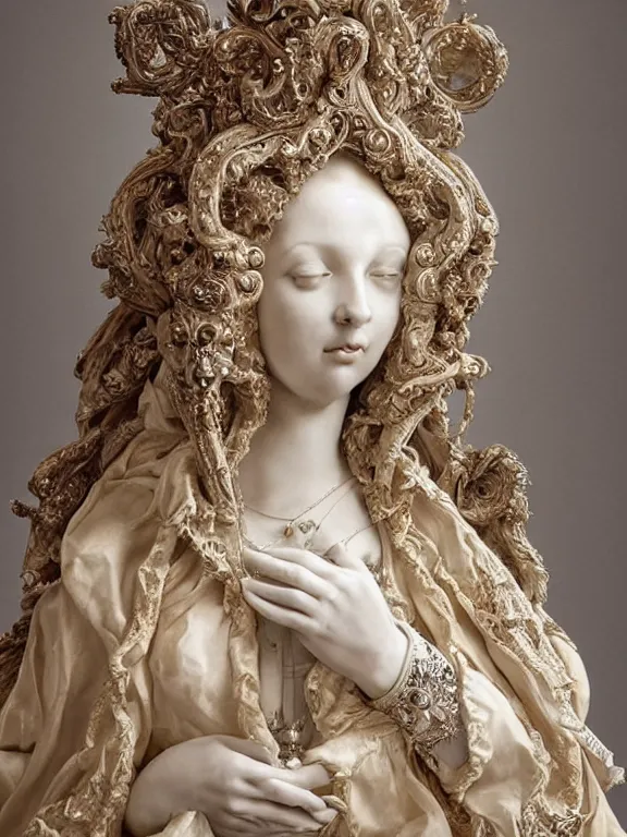 Image similar to a beautiful portrait render of two baroque catholic veiled queen sculpture with symmetry intricate detailed ,heart,pray,love,crystal-embellished,by Daveed Benito,LEdmund Leighton,Virginie Ropars,peter gric,aaron horkey,Billelis,trending on pinterest,hyperreal,gold,silver,ivory,maximalist,glittering,golden ratio,cinematic lighting