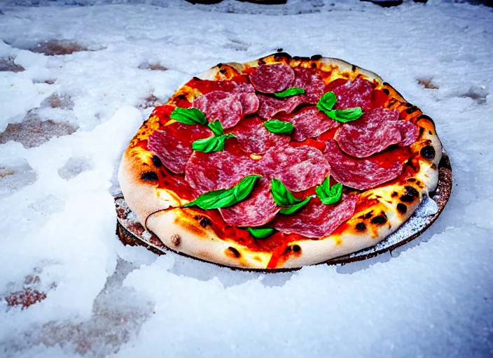 Image similar to clear highly detailed photorealistic food photograph of a wood oven cooked pizza half frozen in ice with salami pepperoni lying in the snow