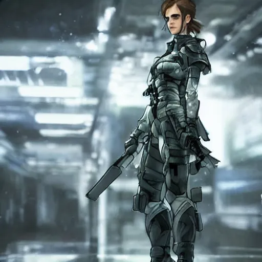 Image similar to emma watson as a paladin metal gear dramatic lighting cinematic cinematic lighting by Yoji Shinkawa by Richard Schmid