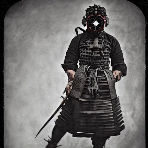 Image similar to tintype photographs of dieselpunk samurai, psycho oni, ninja demons