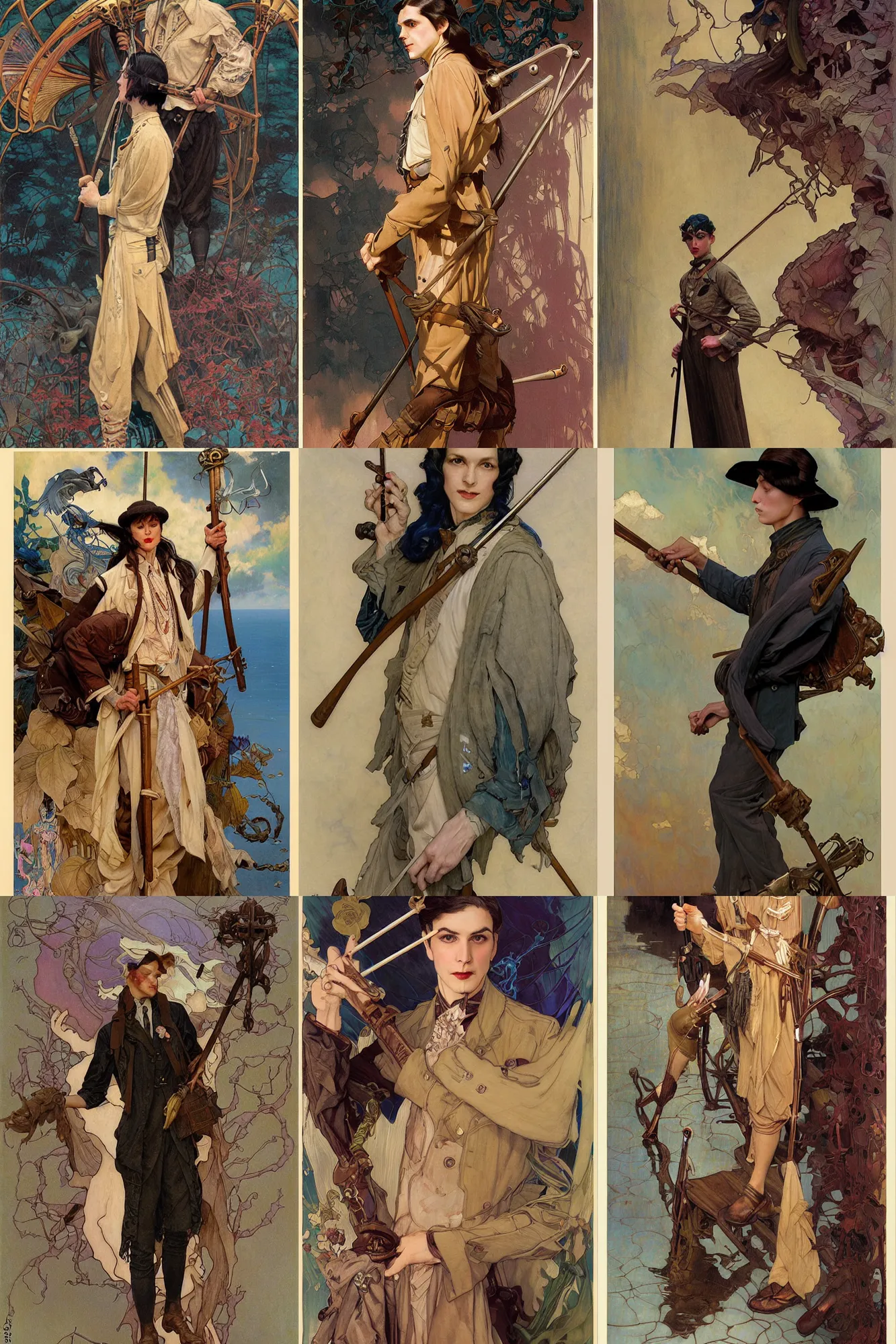 Prompt: young thin male with long dark hair holding walking stick, 1 9 2 0 s clothes, fantasy, art by joseph leyendecker, donato giancola, peter mohrbacher, dean cornwell, ruan jia, marc simonetti, ayami kojima, cedric peyravernay, alphonse mucha, thomas kinkade, victo ngai