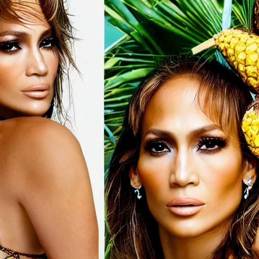 Image similar to j - lo, with two coconuts bikini and a pineapple as a hat, professional photography, photoshop