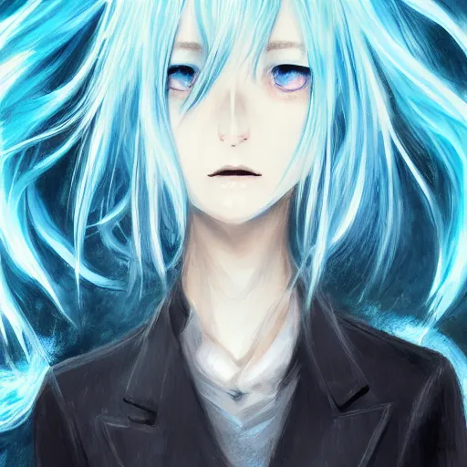 Prompt: full face shot of rimuru tempest, sky blue straight hair, long bangs, closed eyes, wearing a fancy black jacket, high collar, ultra detailed, brush strokes, digital painting, cinematic, wlop artstation, closeup, pixiv, eerie, scary, overpowering, evil, yoshitaka amano, junji ito,