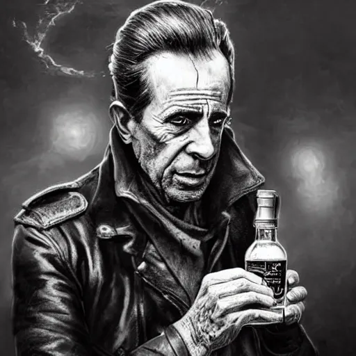 Image similar to a highly detailed epic cinematic concept art CG render digital painting artwork costume design: Humphrey Bogart, scruffy beard, old scars on the face, unkempt long hair, grizzled, tired, in an old 1950s leather jacket, with a bottle of whisky in hand. By Greg Rutkowski, Ilya Kuvshinov, WLOP, Stanley Artgerm Lau, Ruan Jia and Fenghua Zhong, trending on ArtStation, made in Maya, Blender and Photoshop, octane render, excellent composition, cinematic atmosphere, dynamic dramatic cinematic lighting, aesthetic, very inspirational, arthouse