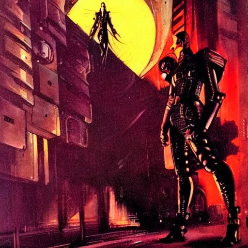 Image similar to cyberpunk knight, epic pose, by jack gaughan, pulp, sci - fi, atmospheric lighting, painted, intricate, ultra detailed