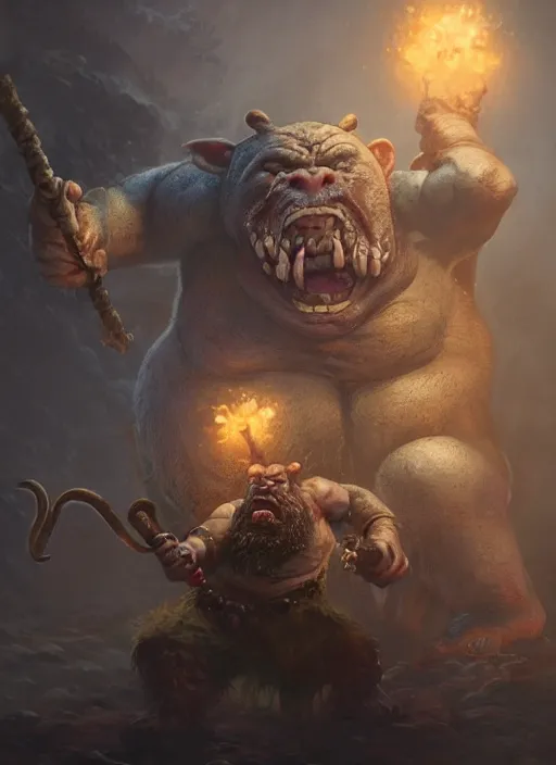 Prompt: a rat ogre choking a dwarf, warhammer, ultra detailed, fantasy, dramatic lighting, trending on artstation, award - winning, artgerm and greg rutkowski, 8 k