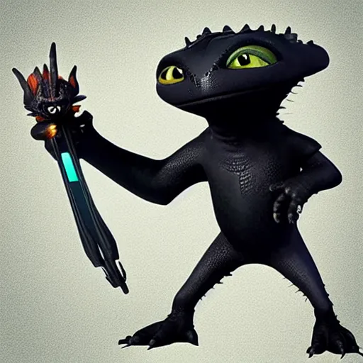 Image similar to “ creature in the style of how to train your dragon holding laser gun, floating alone, with a black background, digital art, award winning, trending on art station, retro style ”