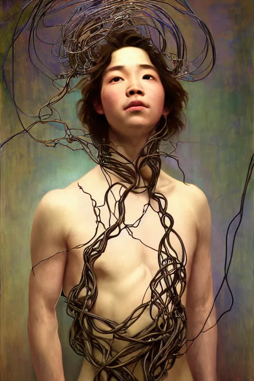 Image similar to hyperrealist portrait of elijah zu bailey, it is decorated with long wires that fall like vines and wears small computers over their body. by jeremy mann and alphonse mucha, fantasy art, photo realistic, dynamic lighting, artstation, poster, volumetric lighting, very detailed faces, 4 k, award winning