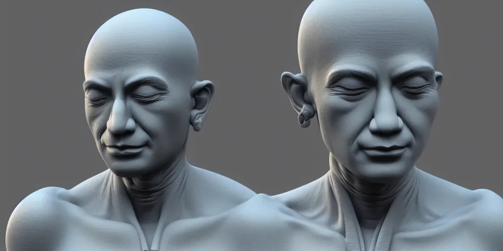 Image similar to hyper realistic 3 d render of a bust of meditating robotic body style monk in cyberpunk style, ultra realistic 8 k resolution.