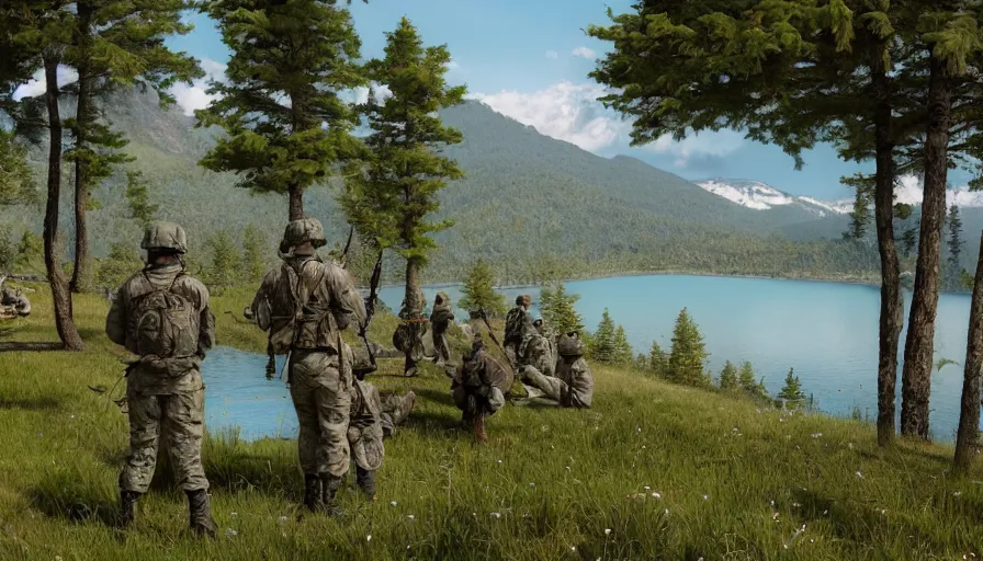 Prompt: back view of soldiers watching lake from the mountains, sunny day, forest, hyperdetailed, artstation, cgsociety, 8 k