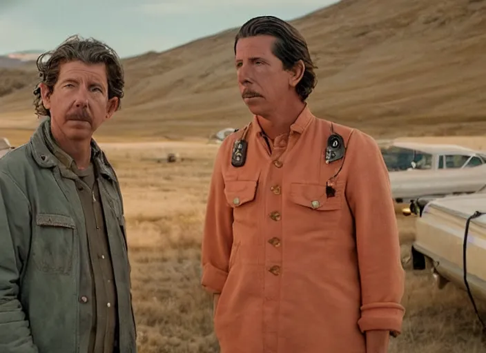 Image similar to first official image from wes anderson's new sci - fi film set in challis!, idaho, sundance official selection, starring ben mendelsohn. shot on alexa mini, stunning cinematography, golden hour, filmgrain, kodak vision 2 0 0 t, shot composition