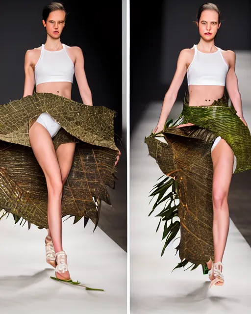 Prompt: multi panel storyboard of olivia wearing an outfit made of palm leaves, runway model at new york fashion week, sporty physique, black hair, freckles, pale skin, multiple angles, photo by greg rutkowski, stage lighting, soft colors, female beauty, intricate detail, elegance, 3 5 mm, depth of field, masterpiece