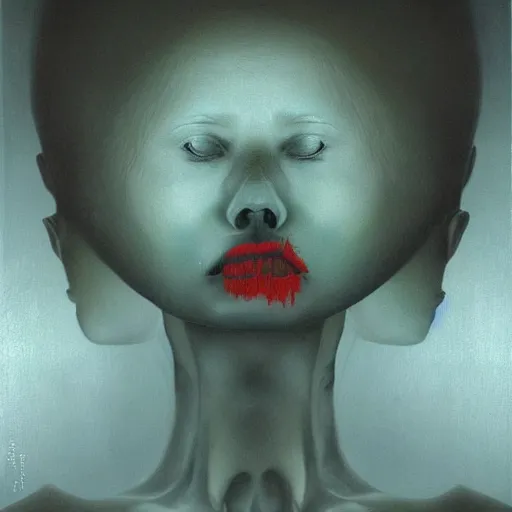Image similar to dramatic portrait painting of woman with black mandelbrot fractal instead of face, in style of zdzisław beksinski, horror, body horror, dark, disturbing,