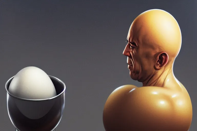 Prompt: an egg in an egg cup, silver egg cup, head is an egg, head is vin diesel, hyper detailed, digital art, cinematic lighting, studio quality, by boris vallejo, android jones, artgerm, caravaggio