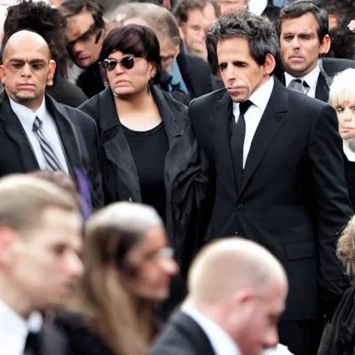 Image similar to ben stiller dressed in black, heartbroken at his father's burial, casket being lowered into the ground, a wailing woman in the background