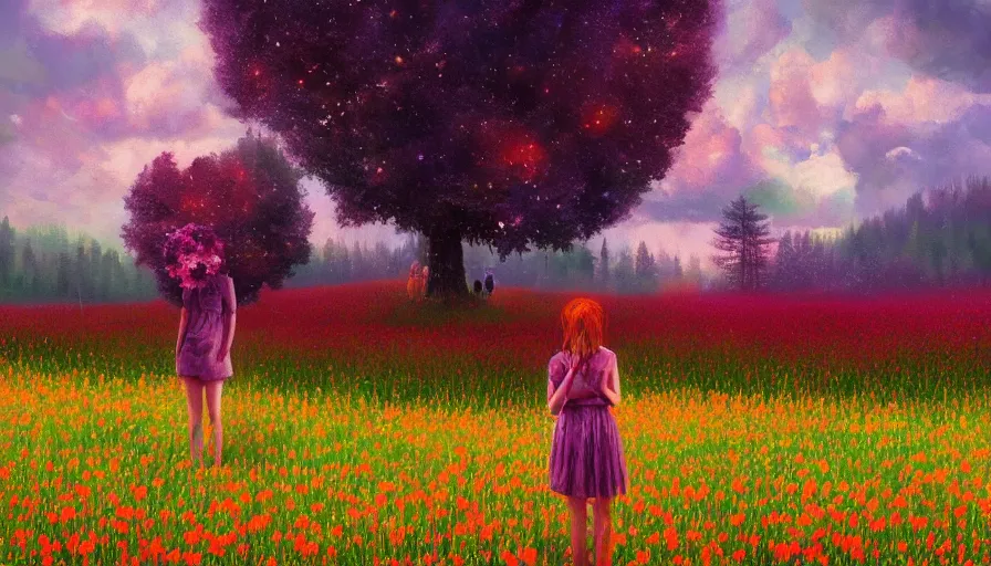 Prompt: girl with a flower face, surreal photography, dream, standing in flower field, hills, big trees, sunrise dramatic light, impressionist painting, colorful clouds, digital painting, pointillism, artstation, simon stalenhag, flower