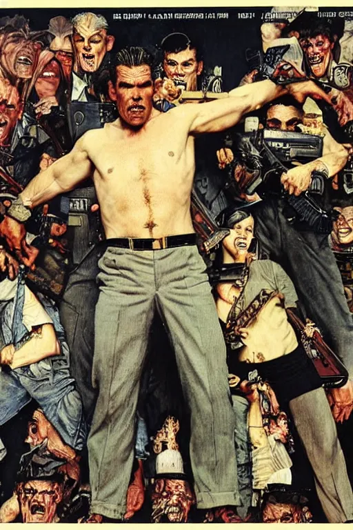 Image similar to josh brolin as huge monster gangster on city street, norman rockwell, wayne barlow, jacob collins, tom lovell, frank schoonover, neville page