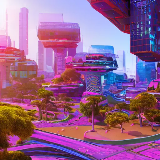 Prompt: photo of a futuristic city in a bright colorful future made of natural materials. Very detailed 8k. Unreal engine 5 render with nanite, global illustration and path tracing. Volumetric lighting. Cinematic post processing.