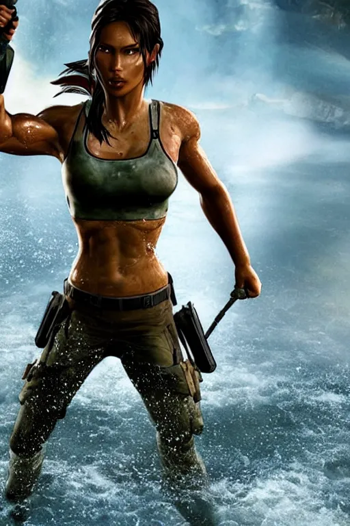 Prompt: a film still of lara croft, close up, muscular, drenched body, wet dripping hair, emerging from the water, fractal crystal