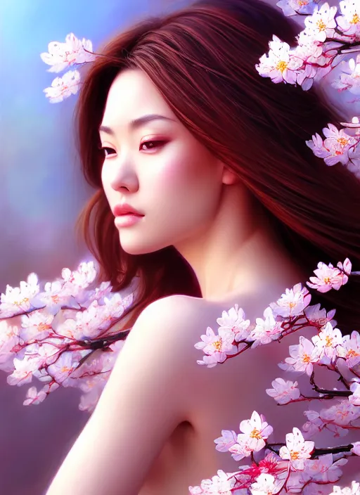 Image similar to photo of a gorgeous female in the style of stefan kostic, realistic, half body shot, sharp focus, 8 k high definition, insanely detailed, intricate, elegant, art by stanley lau and artgerm, extreme blur cherry blossoms