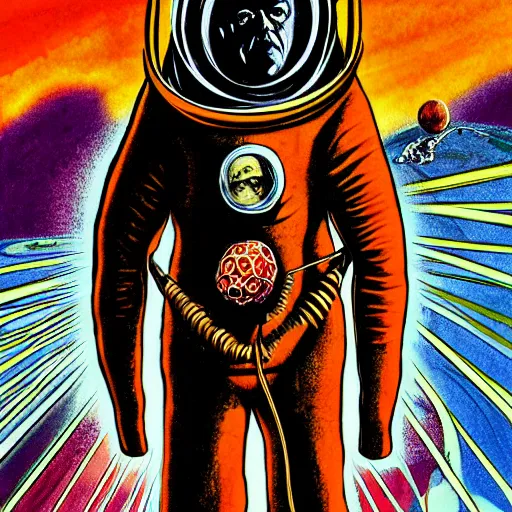 Prompt: graphic illustration, creative design, aleister crowley as an astronaut, biopunk, francis bacon, highly detailed, hunter s thompson, concept art