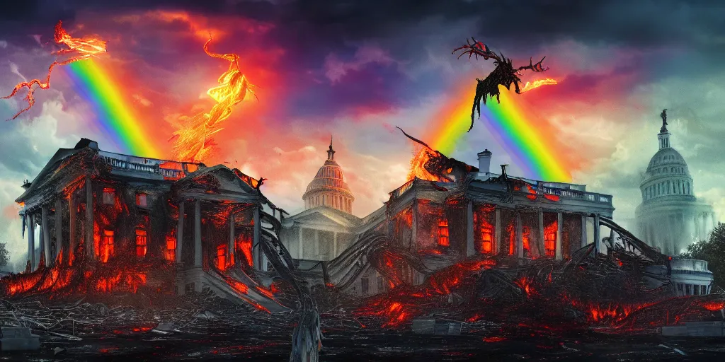 Image similar to monstrosity abomination rainbow god monster destroying on the roof of the burnt remains of the white house, performing a ritual to call aliens down from the night sky, wide shot, concept art, smooth, high quality, 4 k