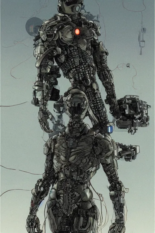 Prompt: powerful soldier wearing a crynet nanosuit, at dusk, a color illustration by tsutomu nihei, tetsuo hara and katsuhiro otomo