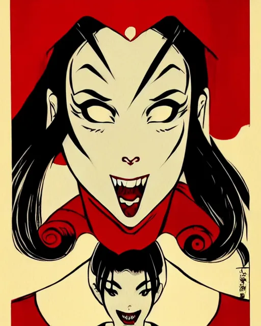 Image similar to beautiful female vampire nurse cap, symmetrical face, evil grin, cinematic, dramatic, super detailed and intricate, by koson ohara, by darwyn cooke, by satoshi kon