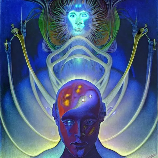 Image similar to realistic extremely detailed portrait painting of a glowing male silhouette, futuristic sci-fi landscape on background by Jean Delville, Amano, Yves Tanguy, Alphonse Mucha, Ernst Haeckel, Edward Robert Hughes, Roger Dean, rich moody colours, blue eyes