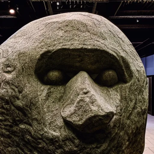 Image similar to by brothers grimm vaporwave. a art installation of a large granite boulder carved to resemble a human face. the nose is slightly upturned, & the eyes & mouth are closed.