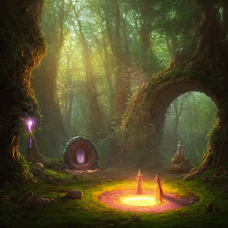 Image similar to Fantasy Magical fairy-tale glowing stone portal in the forest. Round stone portal teleport in trees to other worlds. Fantastic landscape. Magic Altar in the fores, highly detailed, digital painting, concept art, smooth, sharp focus, illustration, art by greg rutkowski