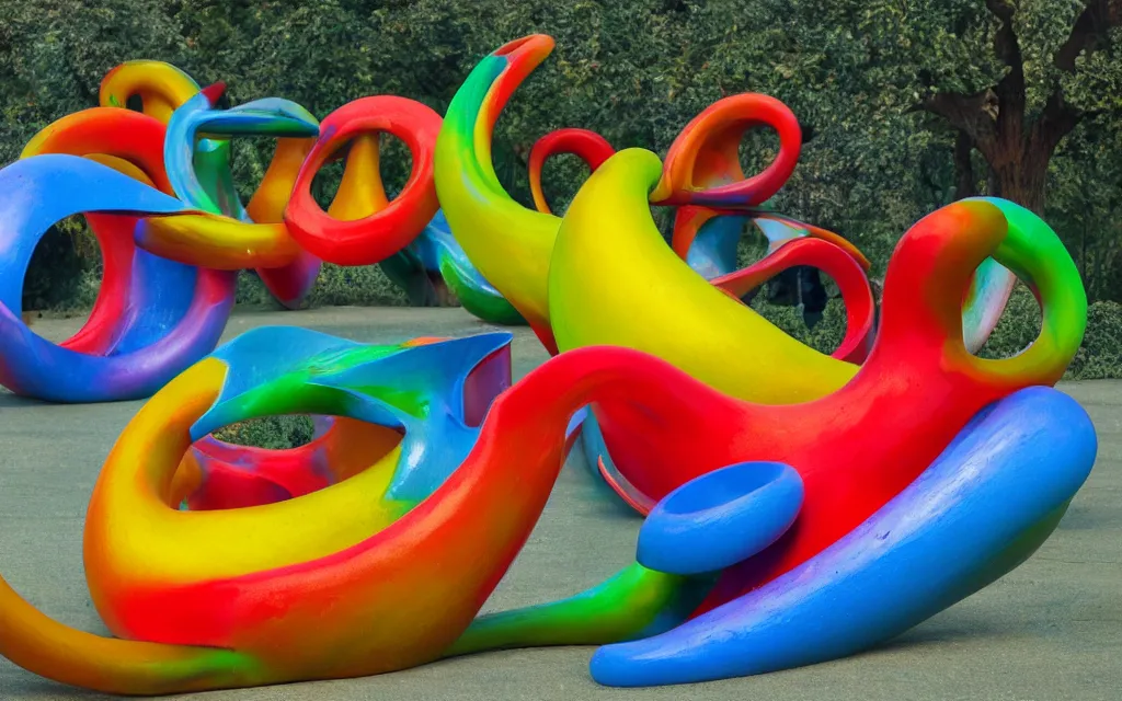 Prompt: Tubular abstract forms as a colorful resin sculpture in a park , smooth shiny reflective texture, sculpted by Henry Moore Barbara Hepworth , Matte painting V Ray, warm volumetric lighting , 3D 8K HD trending on art station