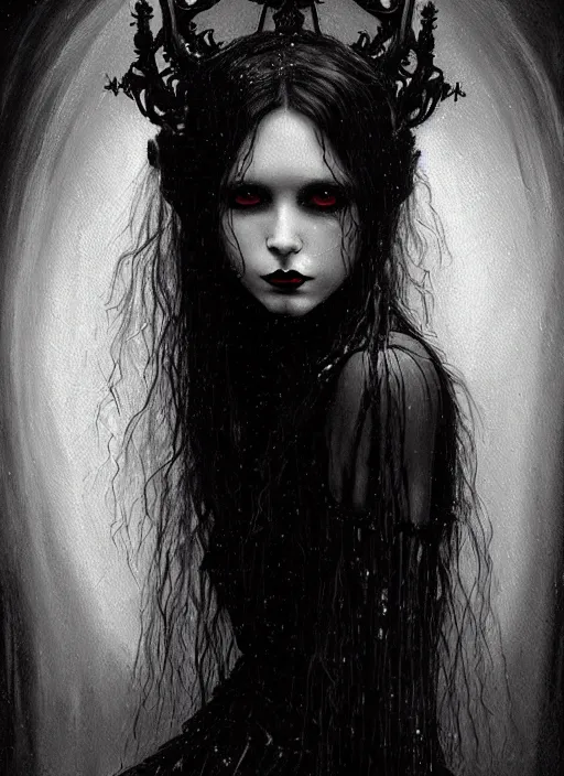 Prompt: highly detailed oil painting | very intricate | cinematic lighting | black, white and blood color scheme, dark background | portrait of a exquisite beautiful vampire girl with long elegant tangles of black hair, eyes, gothic fog ambience, hyper realistic head, fantasy victorian art, in the style of greg rutkowski, zdizslaw beksinski, intricate, alphonse mucha
