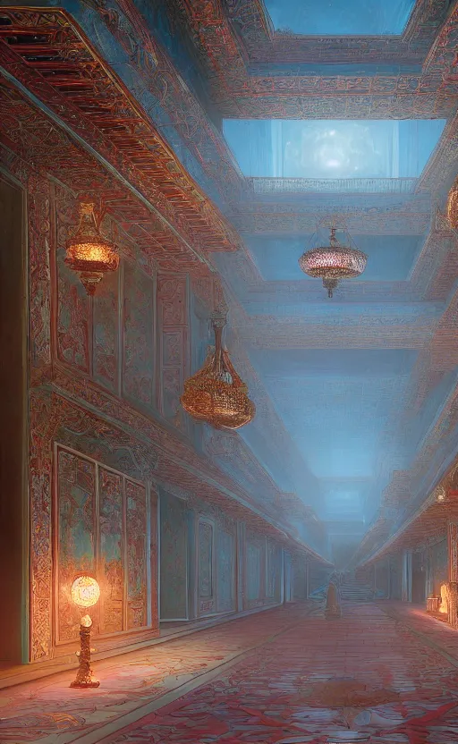 Image similar to vanishing point, palace covered with aqua blue roses like the forbidden city in distance at the red rose royal manor, viewed from afar, stephen bliss, misty, unreal engine, fantasy art by greg rutkowski, loish, ferdinand knab, and lois van rossdraws,, global illumination, radiant light, minimalist, detailed and intricate environment