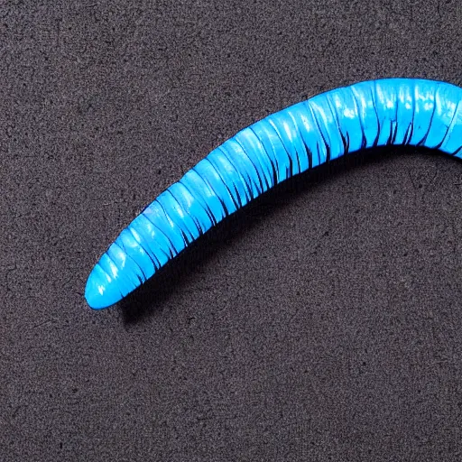 Image similar to studio photograph of a matte dark gray worm with a neon blue head and tail