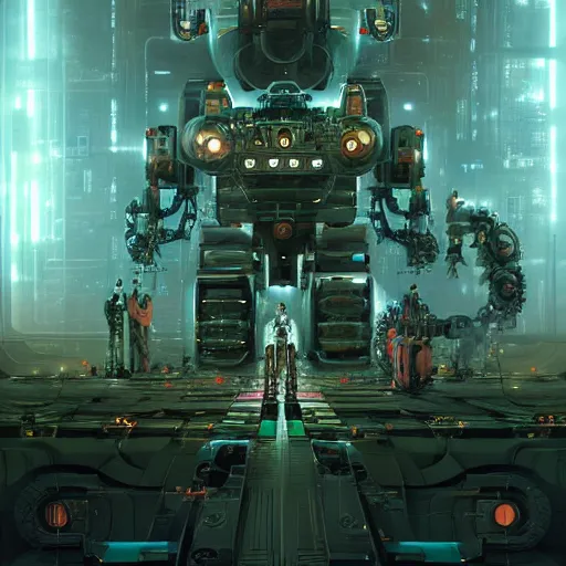 Image similar to a robot, mechanical, intrincate, cinematic lights, wires, volumetric, maximalist, fractal background, mechanical sci fi, horror, cgscociety by marc simonetti and peter mohrbacher