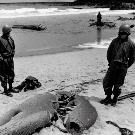 Image similar to 1940s photo, long shot, German soldiers examine yellow chemical protective suits on a giant creature washed up on a beach.