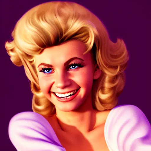 Prompt: a portrait of a beautiful blonde Sandy from Grease (1978), smiling, clear eyes, illustration, soft lighting, soft details, painting oil on canvas, octane render, HDR, trending on artstation, 4k, 8k, HD