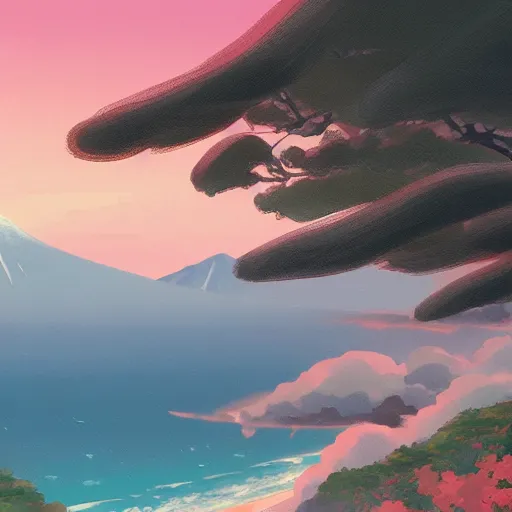 Image similar to A beautiful painting of japan coast with mountains ,Anime ,nature ,illustration, Nature wallpaper, Bright and airy, Aerial, Makoto shinkai ,Trending on artstation