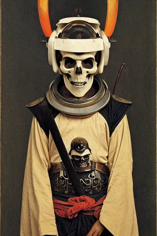 Image similar to portrait of a skull man japanse samurai astronaut with samurai helmets, by bouguereau