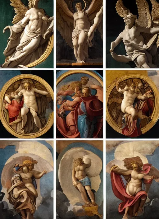 Prompt: A beautiful fresco of Bernie Sanders as God by Michelangelo, golden rays, clouds and Alexandria Ocasio-Cortez as a cherub with wings