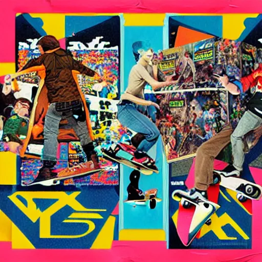 Image similar to y 2 k videogame poster ad scan, collage art, collage of people skating, street wear 2 0 0 0 s y 2 k magazine