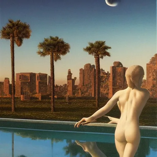 Image similar to David Ligare masterpiece, scifi nightscape, planets, hyperrealistic surrealism, award winning masterpiece with incredible details, epic stunning, infinity pool, a surreal vaporwave liminal space, highly detailed, trending on ArtStation, broken giant marble head statue ruins, calming, meditative, geometric liminal space, palm trees, very vaporwave