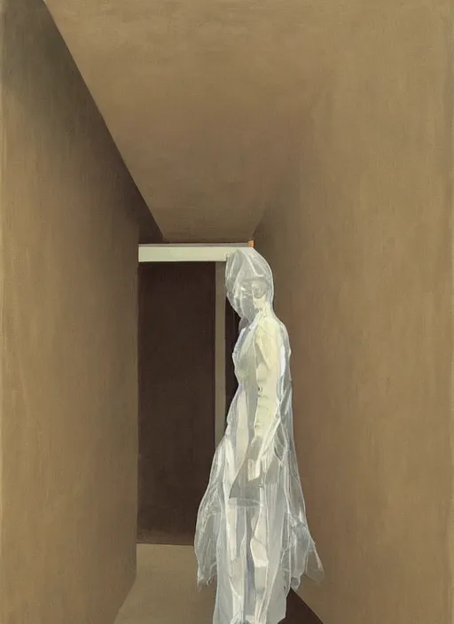 Image similar to woman in a translucent clothing made from plastic bag with paper bags for clothes standing inside paper bags with paper bag over the head at store display Edward Hopper and James Gilleard, Zdzislaw Beksinski, highly detailed