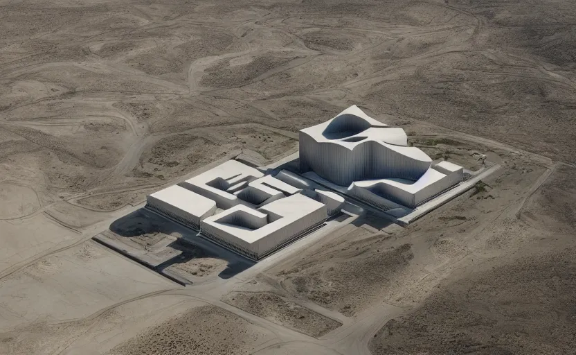 Prompt: parametric structure, medical complex, in the desert beside the gulf, view from above, design by peter zumthor, dezeen, architectural photography